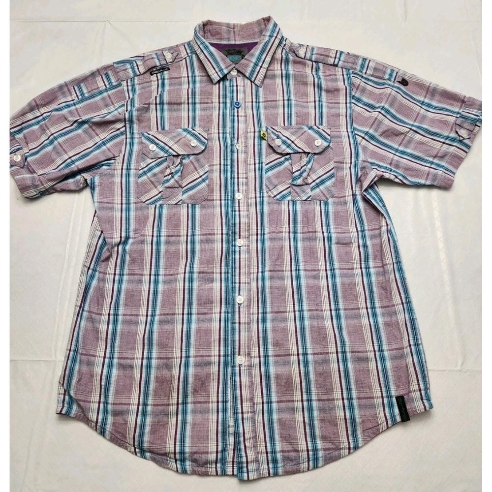 Akademiks Shirt Mens XL Purple Blue Plaid Short Sleeve Button Up Casual Cotton - Picture 2 of 13